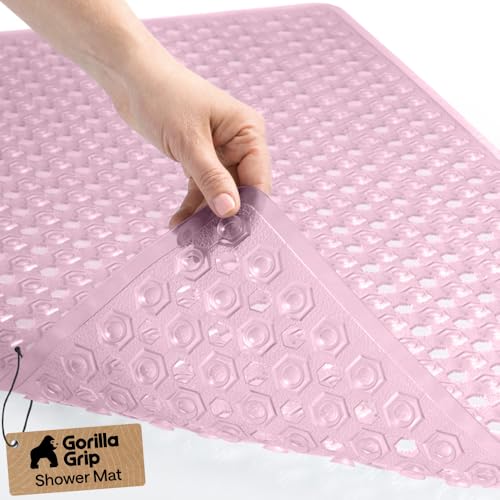 GORILLA GRIP Patented Bath Tub Shower Mat, Machine Washable Bathtub Floor Liner Mats, Suction Cups and Drain Holes to Keep Tubs Clean, Soft on Feet, Bathroom Essentials, 35x16 Inch, Clear Light Pink
