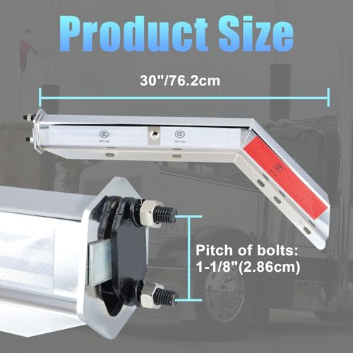Image of Mud Flap Hanger Chrome Angled Spring Loaded Bracket Mudflap Holder Set, 30 inch Length Rear Bar, 1-1 /8 inch - 2.5 inch Bolt Spacing Mud with Reflective Tapes for Semi Trucks, 1-1 /8 inch Bolt, Silver