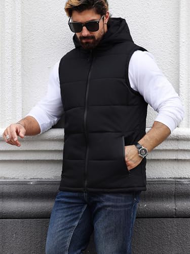 Image of SOLY HUX Men's Zip Up Puffer Vest Sleeveless Hoodies Coat Warm Outerwear with Pockets Plain Black Medium
