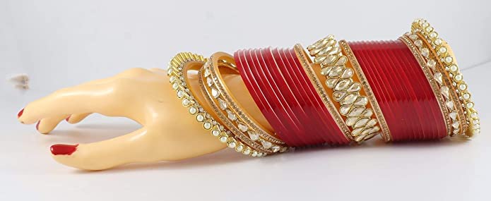 Image of NMII Traditional Gold Plated Acrylic Bangles Bridal Chuda Set For Women & Girls with Zircon Diamond & Pearls Beads Work | Royal Wedding Chudas | Premium Look | Bangles For Wedding, Festive, Function