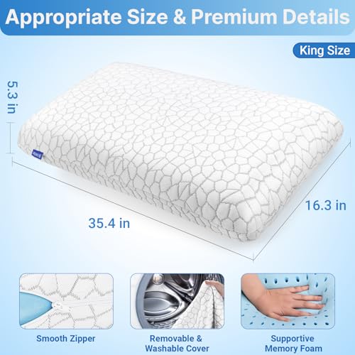 Image of Memory Foam Pillows, Bed Pillow, Bed Pillow for Side, Back and Stomach Sleepers, Neck Pillow for Sleeping with Removable and Machine Washable Cover, King Size (1 Pack)