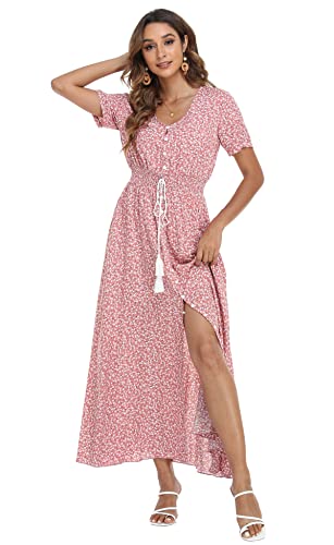 Image of VintageClothing Women's Floral Maxi Dresses Boho Button Up Split Summer Casual Long Dress Beach Party Dress