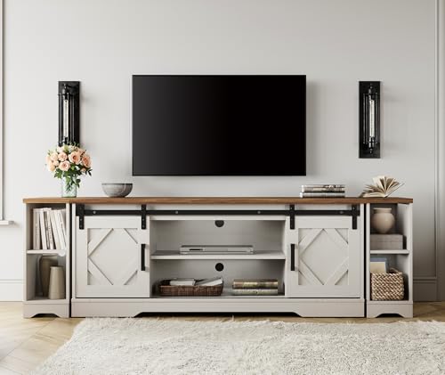 Image of WAMPAT Farmhouse TV Stand for 80-85 inch TV with Distressed Wood Finish