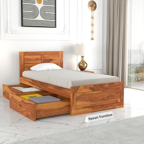 Image of Solid Sheesham Wood Single Size Bed with 2 Drawer Storage Wooden Single Cot Bed for Home Living Room Bedroom Guest Room Hotel (Honey, Size 6 * 4)