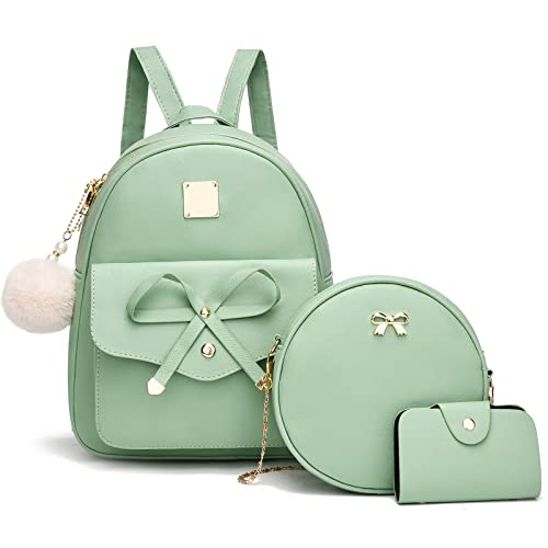 Image of I IHAYNER Girls Bowknot 3-Pieces Fahsion Leather Backpack Backpack Purse for Women Rucksack for Ladies Shoulder Bag