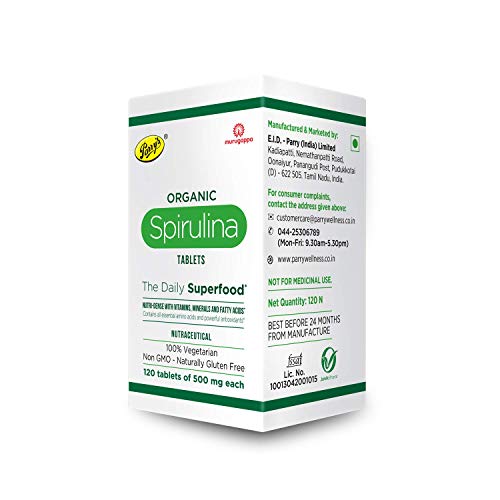 Image of Parry's Wellness Organic Spirulina Tablets - Most Bio-available Protein & Nutri-dense Superfood | Immunity and Health Supplement | Metabolism Booster | 100% Vegan | 120 Tablets (500mg Each)