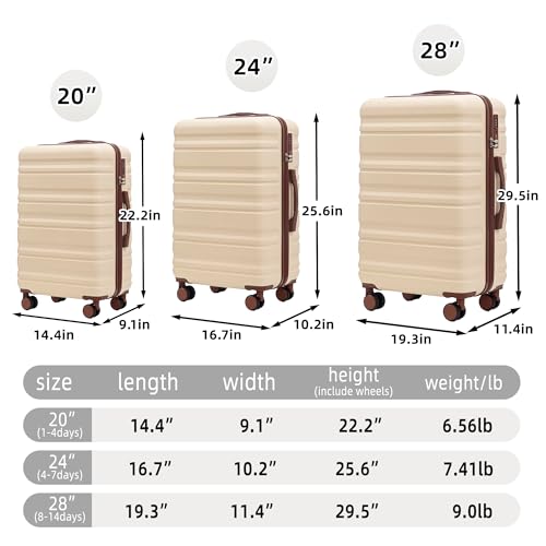3-Piece Hardshell Luggage Set, 20/24/28 Inch Spinner Suitcases with TSA Lock, Cream/Brown, 360° Wheels3