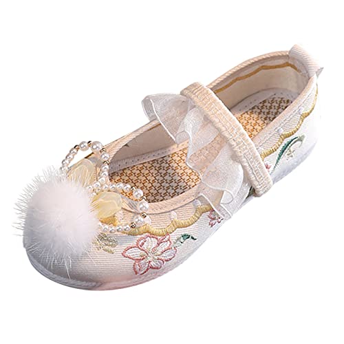 Girls Flat Bottomed Embroidered Sandals Fashionable Antique Costume Children Performance Wedge Sandals for Little Girls (Beige, 10.5-11 Years Big Kids)