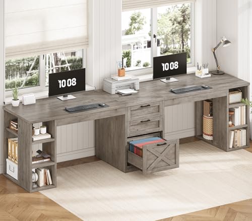 SEDETA Farmhouse 96.5' Computer Desk with Drawers, 2 Person Home Office Desk, Gaming Double Desk with Storage Shelves, Long Two Person Writing Desk (Grey)