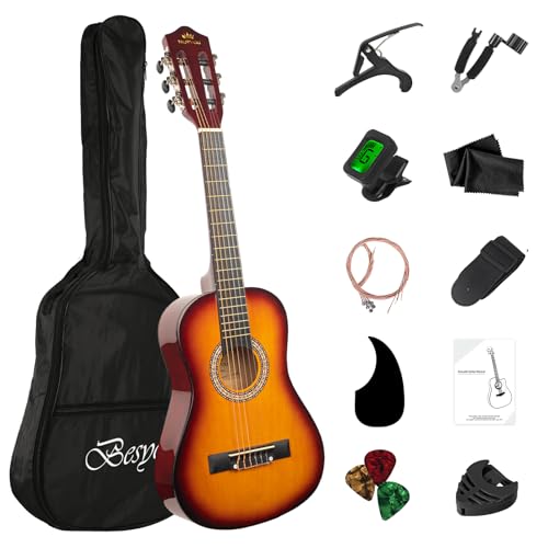 BESYOU 30in Beginner Acoustic Guitar Basic Starter Kit Tuner Bag Capo Strings Winders Strap Picks...