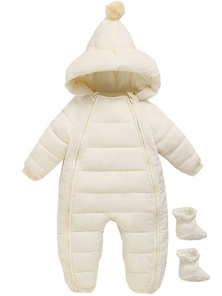 JELEUON Baby Girls Boys One Piece Zipper Down Jacket Winter Romper Jumpsuit Romper+Gloves+Shoes (2-3 Years, White-1)