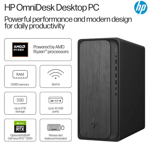 Image of HP OmniDesk Desktop, Tower Computer with NVIDIA GeForce RTX 3050 Dedicated Graphics, AMD Ryzen 7 8700G, 16GB DDR5 RAM 512GB SSD, Windows 11 Pro, Wireless Keyboard & Mouse, Docking Station, Gray Wood