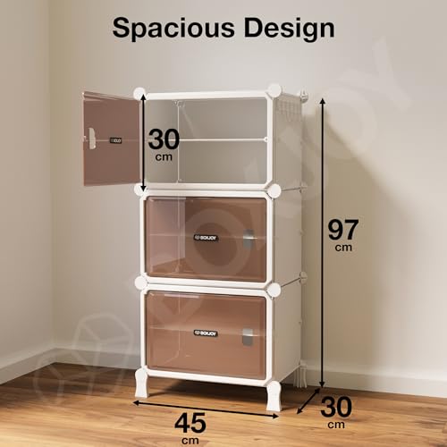 Image of BOXJOY 6 Shelf White Shoe Rack for Home with 3 Brown Doors, Hard PET Plastic with Metal Door Frame, Shoe Chappal Slipper Sandals Stand