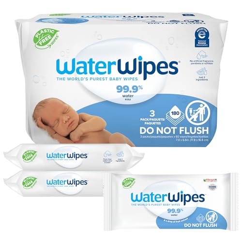 Image of WaterWipes Plastic-Free Original Baby Wipes, 99.9% Water Based Wipes, Unscented & Hypoallergenic for Sensitive Skin, 180 Count (3 packs), Packaging May Vary