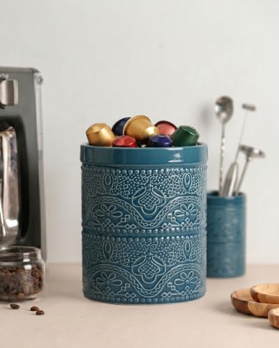 Image of FUN ELEMENTS Kitchen Utensil Holder, 7.2 inch Super Large Utensil Crock Heavy and Stable Lace Emboss Ceramic Utensil Holder for Kitchen Counter (Grayish Blue)