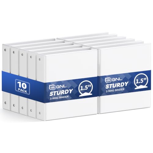 GNL 1.5 Inch 3 Ring Binders Economy 10 Packs White 1 1/2 Three Ring (Fits 325 Sheets of 8.5x11 Paper) Clear View PVC-Free & Non-Stick for School or Office Supplies