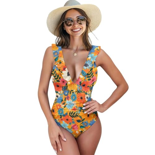Suhoaziia Traje de baño de una pieza con volantes para mujer, con control de abdomen, adelgazante, cuello en V profundo, traje de baño fruncido XS-XXL, Flor hippie, S