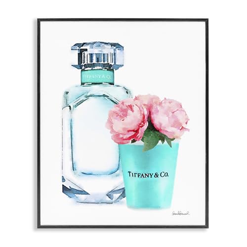 Image of The Stupell Home Decor Collection Teal Blue Perfume Bottle and Pink Peonies Framed Giclee Texturized Art, Multi-Color