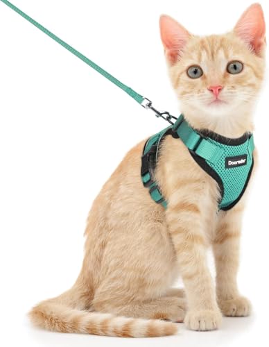 Image of Dooradar Cat Harness and Leash Set, Escape Proof Safe Adjustable Kitten Vest Harnesses for Walking, Easy Control Soft Breathable Mesh Jacket with Reflective Strips for Cats, Green, XS
