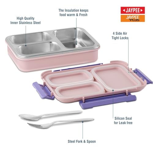 Image of JAYPEE Toon Box 3 Princess Inner Stainless Steel Insulated 3 Cavity Lunch Box for School Kids |Airtight Leakproof Tiffin Box with 2 Additional Lock |100% Food Grade| 625 ml, Pink