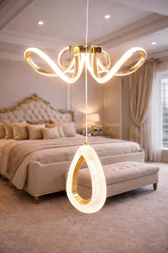Image of kinis Modern Luxury LED Wave Chandelier with Crystal Drop Pendant | 3 Different Color Mode (WH /WW /NW) | Led Chandelier Light for Living Room /Bedroom /Cafe /Resturents
