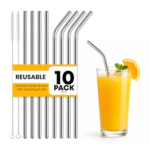 Image of MIKANIX Reusable Stainless Steel Straws Set (5 Pack) with Cleaning Brush | Eco-Friendly, Food-Grade Metal Drinking Straws for Juice, Smoothies & Beverages (Set of 2)