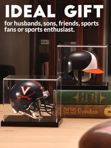 Image of JupDec Mini Helmet Display Case, Acrylic Clear 1 /2 Football Baseball Helmet Showcase, UV Protection Collectibles Box with Solid Wood Base & Riser, Ideal Gift for Sports Fans, Black,2 Pack