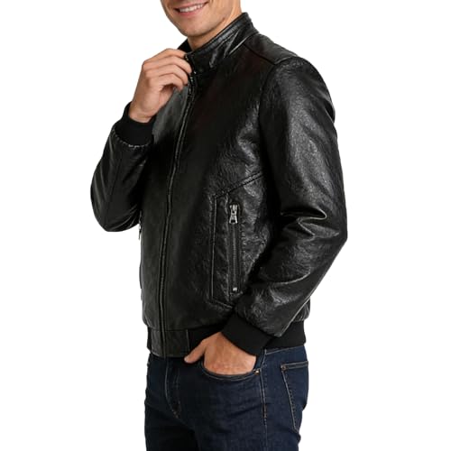 Image of Mens Faux Leather Jacket Full-Zip Stand Collar Outerwear Lightweight Motorcycle Jacket