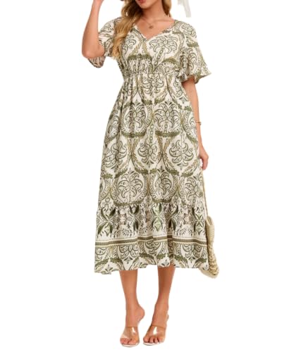 Image of Women's Summer Short Sleeve Maxi Floral Flowy Dresses with Pockets