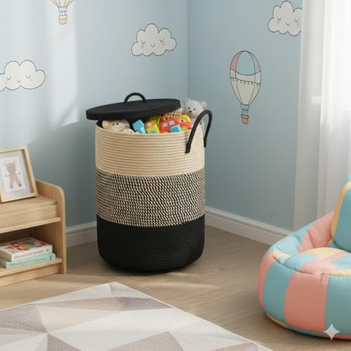 Image of Basket with Lid, 15 inch x 20 inch Woven Storage Basket for Blankets, Toys, Pillows, Towels, Living Room Bedroom Storage Bin, Round Rope Basket with Lid, Wicker Baskets for Organizing (BG6)