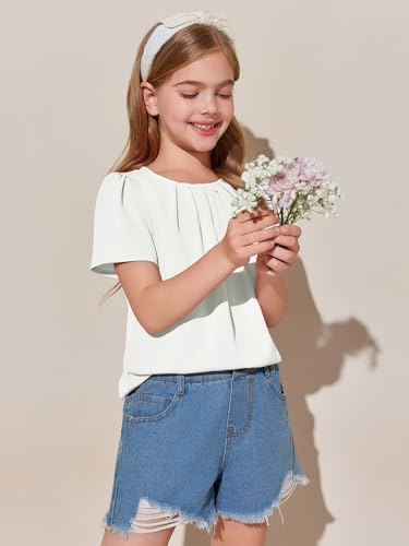 Image of Girls Shirts Summer Short Sleeve Cute Tops Chiffon Pleated Blouses 5-14 Years