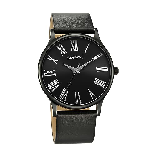 Image of Sonata Aspire Quartz Analog Black Dial Leather Strap Watch for Men-NS77105NL08W /NT77105NL08W