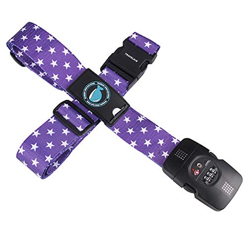 TSA 3-Digit Password Lock Adjustable Luggage Strap Travel Suitcase Band Belt Baggage Strap Fit for 20-32'' Suitcase (Purple star)