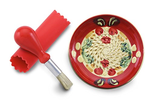 Handcrafted Ceramic Garlic Grater Plate Set by Gourmet Grater | w/Ceramic Grater Plate, Silicone Garlic Peeler, Handy Kitchen Brush, Recipe Book | Handmade in Spain | Red Heart Pattern, 5.25” Size