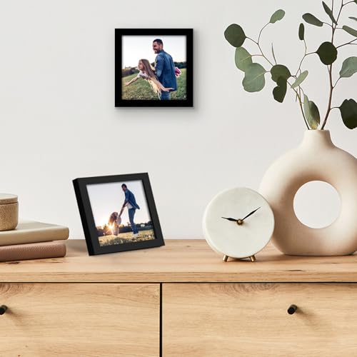 Americanflat 4x4 Picture Frame with Shatter-Resistant Glass - Streamline Collection - Thin Border Square Frame for Tabletop and Wall Display - Hanging Hardware and Easel Stand Included - Black