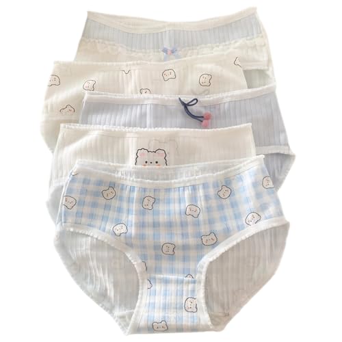 Neglance Cute Bear Korean Ruffled Panties for Teen Girls Breathable Cotton Fabric Mid Rise 5 Pairs Cartoon Anime Underwear (White,Bear)