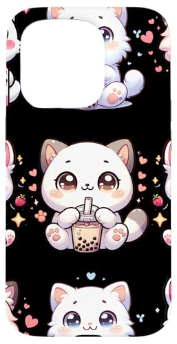 Kawaii Cat Boba Milk Cute Anime Bubble Tea Strawberry Milk Coque pour iPhone 15 Pro