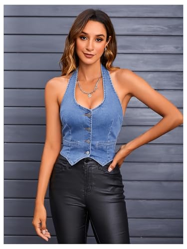 MakeMeChic Women's Denim Vest Halter Button Down Sleeveless Backless Y2K Jean Crop Top3