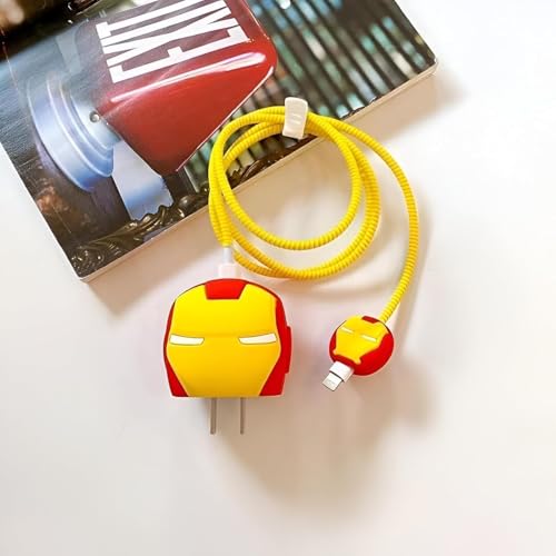 Image of INEFABLE Charger Case Cover Protector with 3D Cute Pattern for iPhone Charger only 18W & 20W, Data Charging Cable Wire Saver Protective Cable Cover Full Protection - Set Of 1 (Ironman)