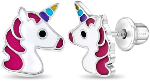 925 Sterling Silver Multi-color Unicorn Earrings Safety Screw Bac...
