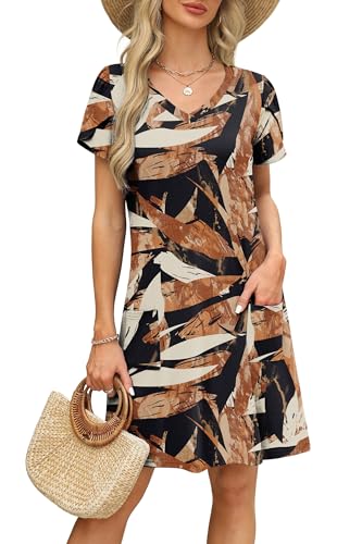 Image of OFEEFAN Womens Summer Dresses 2026 Tulip Petal Short Sleeve V Neck Loose Swing Sundresses with Pockets Plain /Print