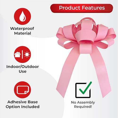 Image of CarBowz Big Car Bow for Decorations and Birthday Gifts, Large Ribbon, Magnet, Safe Sticker Included, Fully Assembled 30 inch Wide Huge Bow, No Suction Cup Needed (Pink)