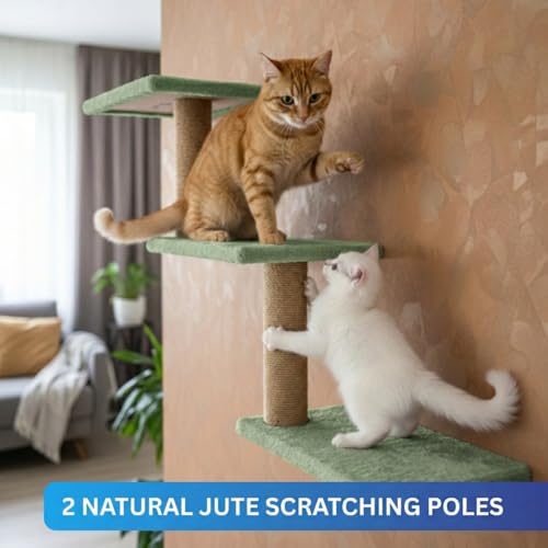 Image of Wall-Mounted Cat Climber, Multi-Level Cat Tree with Jute Scratching Posts, Grey Plush Platforms, Space-Saving Corner Design (30X35X14 INCH) FURR-158 (Green)
