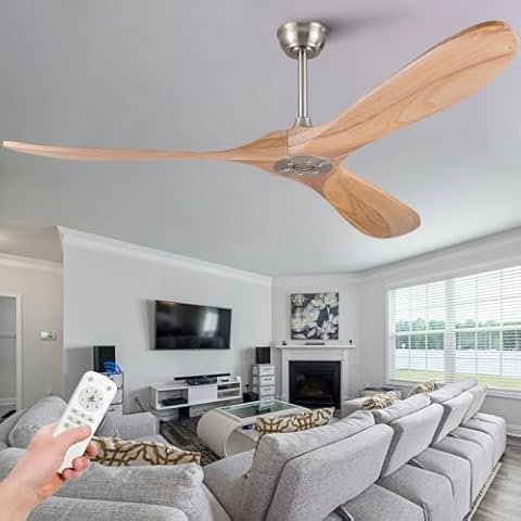 KBZZ Solid Wood Ceiling Fans without Lights,60 Inch Modern Ceiling Fan no Light with Remote Control,Reversible DC Motor,6 Speeds,Noiseless,Indoor/Outdoor Ceiling Fan for Living Room Patios Cover