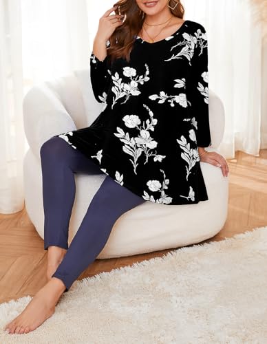 Image of LARACE Tunics 3 /4 Sleeve Plus Size Tops for Women V Neck Loose Fit Flowy Clothing for Leggings