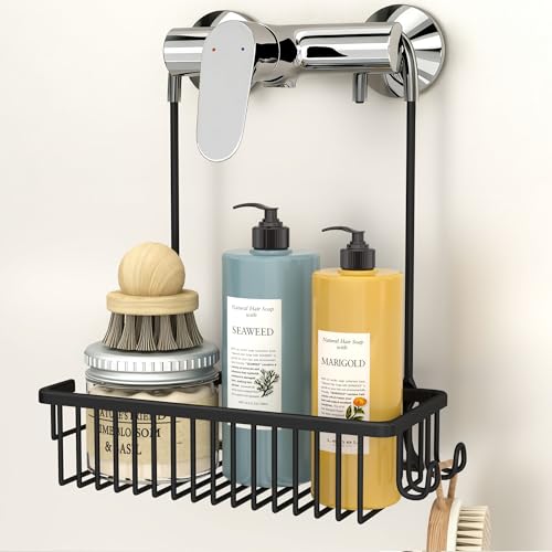 DIYGEEK Duschablage zum Hängen Duschregal ohne Bohren für Mischbatterie mit 2 Haken Duschkorb für Shampoo Seife & Duschgel Schwarz 33x28 5x12 5 cm