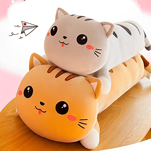 Image of Tickles Cat Soft Stuffed Plush Bolster Pillow Toy for Kids Birthday Gift (Size: 65 cm; Color: Grey)
