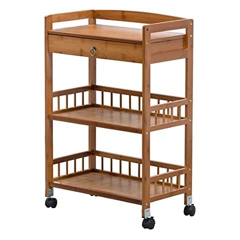 Serving Trolley Cart 3 Tier Drinks Utility Storage Rolling Cart Wooden Mobile With Drawer Shelving Trolley Lockable Caster Easy To Install, Load 60 Kg (Color : Brown) Cover