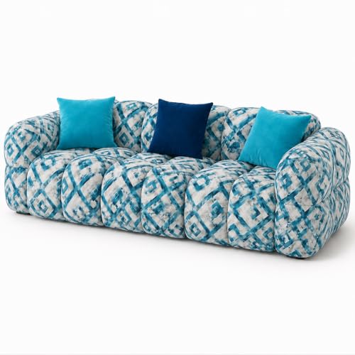 Image of FURNY Luxury Nimbus 3 Seater Bubble Cloud Sofa Set for Living Room | Tapestry Mosaic Fabric Upholstered | Modern Cushioned Comfortable Couch for Home Office & Drawing Room | Lagoon Blue