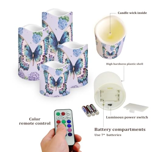 Image of Butterfly Hydrangea Plastic Flameless Candles with Remote Control and Timer LED Flickering Battery Operated Color Changing Electric Pillar Candles Decoration